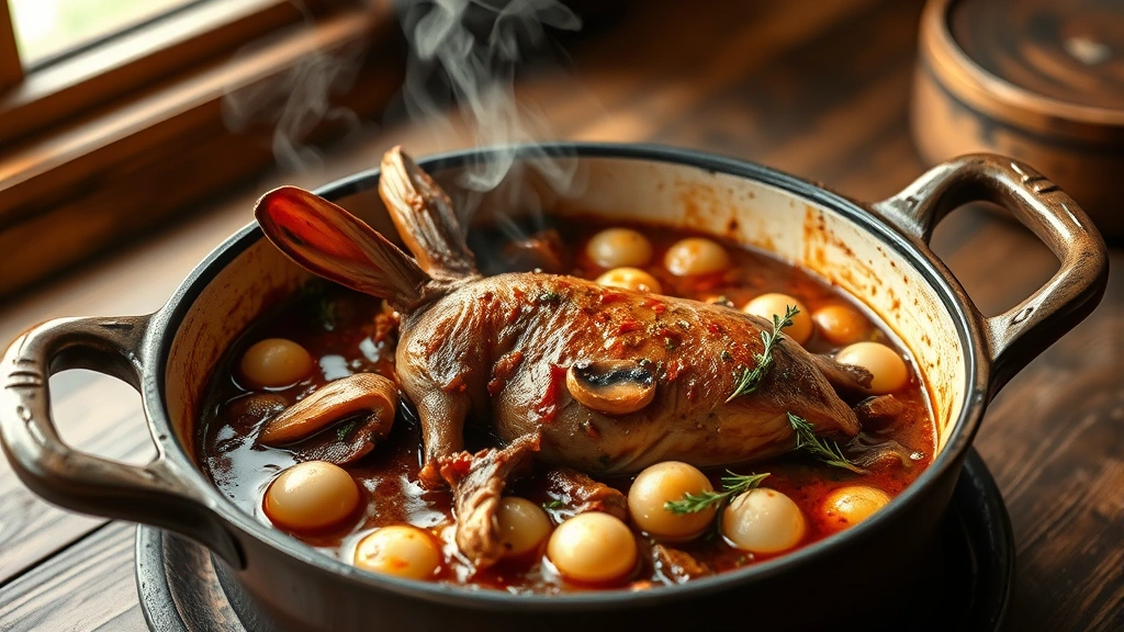 hero: rustic rabbit stew in Dutch oven, steam rising, pearl onions and mushrooms visible, rich burgundy sauce, fresh thyme garnish, wooden table, natural window light, warm cozy atmosphere, no text