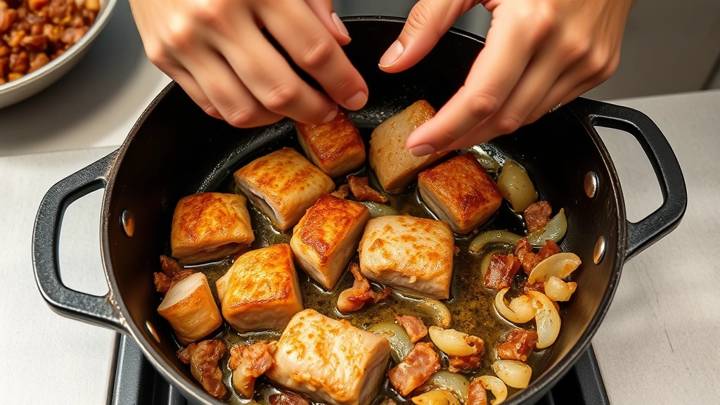process: hands browning rabbit pieces in cast iron pot, golden crust forming, bacon and onions visible, professional kitchen lighting, high angle view, no text