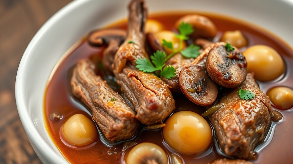 detail: close-up of finished stew in white bowl, tender rabbit meat, glossy sauce, pearl onions, mushrooms, fresh parsley garnish, shallow depth of field, warm natural lighting, no text