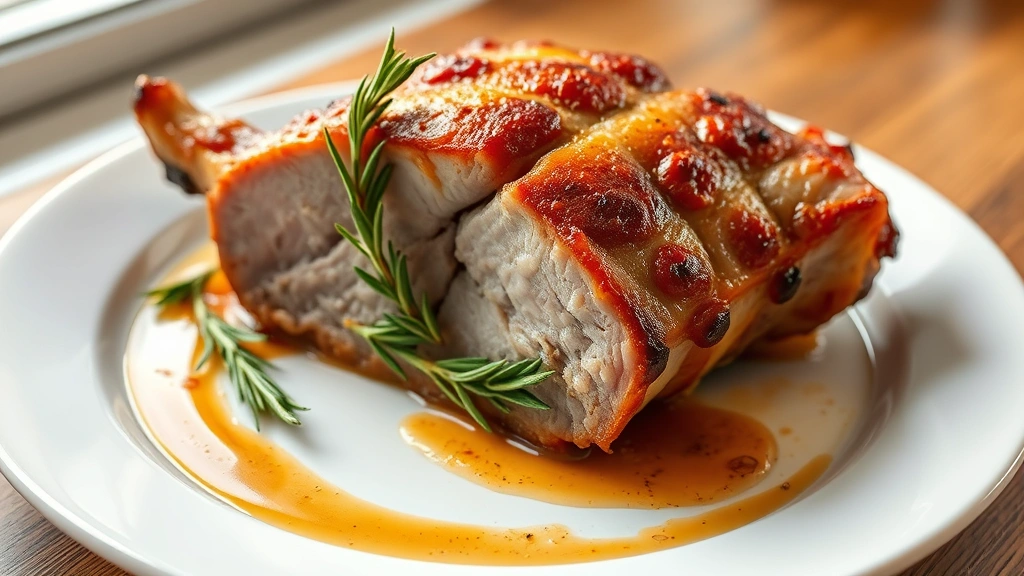 hero: perfectly roasted rack of pork with golden-brown crust on white plate, fresh rosemary and thyme garnish, warm pan sauce visible, photorealistic, natural window light, no text