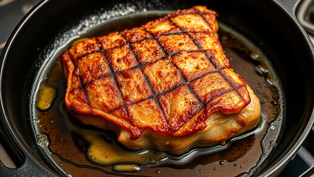 process: searing rack of pork in cast iron skillet with oil sizzling, golden crust forming, photorealistic, natural kitchen light, no text