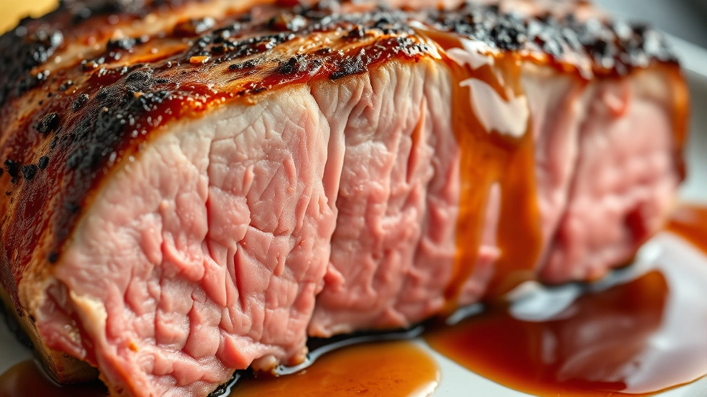 detail: close-up of carved pork chop showing perfect pink interior and caramelized exterior crust with pan sauce drizzle, photorealistic, natural light, no text