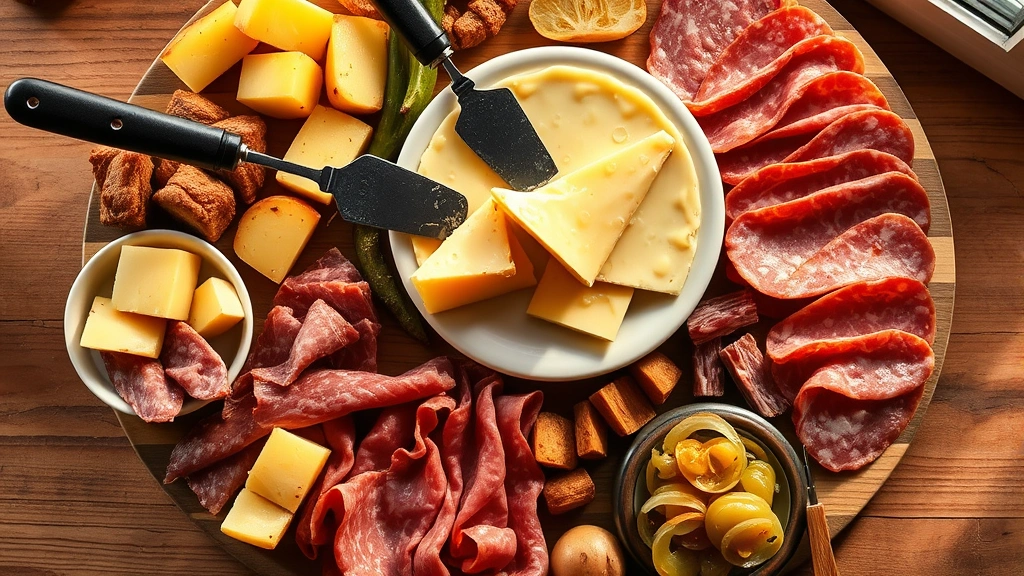 hero: overhead shot of a beautiful raclette spread with melted cheese being scraped onto a warm plate, surrounded by boiled potatoes, cured meats, pickles, and caramelized onions on a wooden board, photorealistic, warm natural lighting from side window, no text