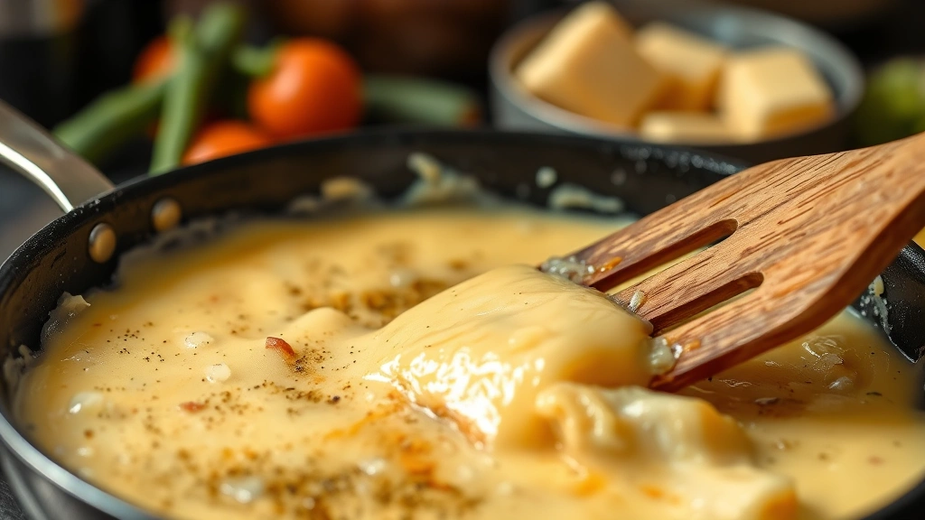 process: close-up of melted raclette cheese in a small pan bubbling and browning, wooden spatula ready to scrape, other ingredients blurred in background, photorealistic, professional kitchen lighting, no text