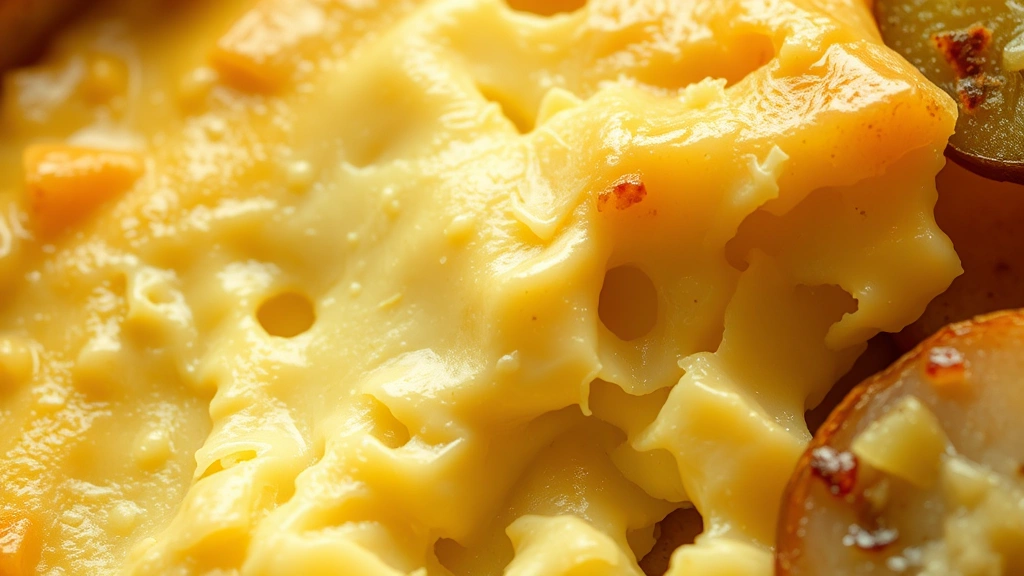 detail: macro shot of creamy melted cheese with golden-brown edges, showing the texture and richness, warm steam rising, potatoes and pickles visible around the edges, photorealistic, warm overhead lighting, no text