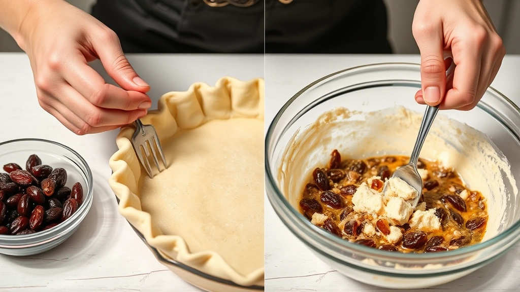 process: hands crimping pie crust edge with fork, bowl of soaked raisins nearby, mixing filling ingredients in glass bowl, photorealistic, bright kitchen light, no text