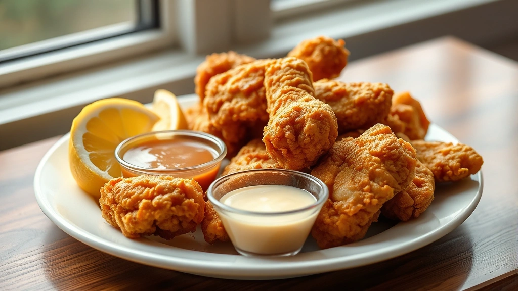 hero: golden-brown fried chicken pieces on a white plate with lemon wedges and dipping sauce, photorealistic, natural window light, no text