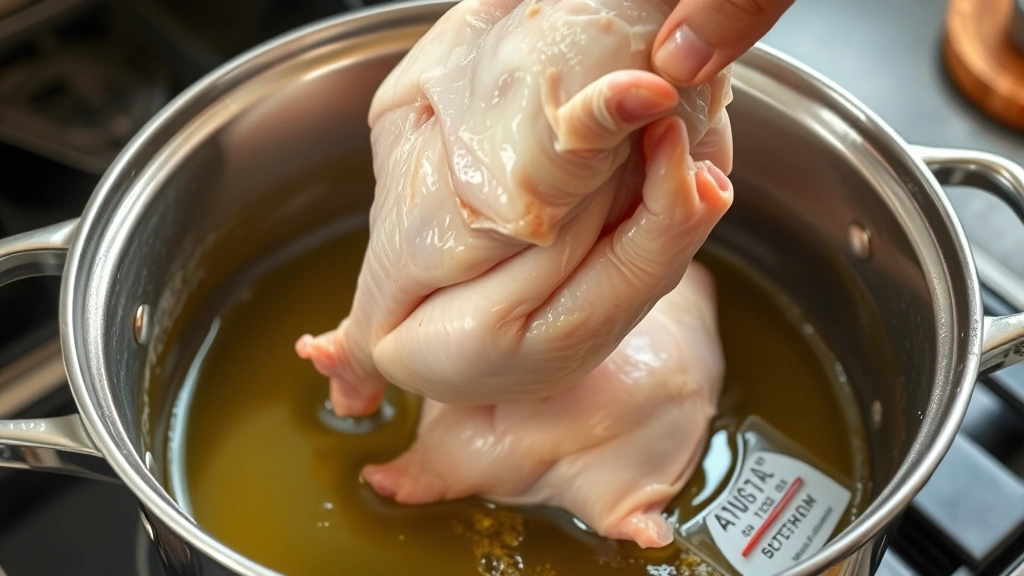 process: chicken being carefully lowered into hot oil in a pot with a thermometer visible, oil sizzling, photorealistic, natural light, no text