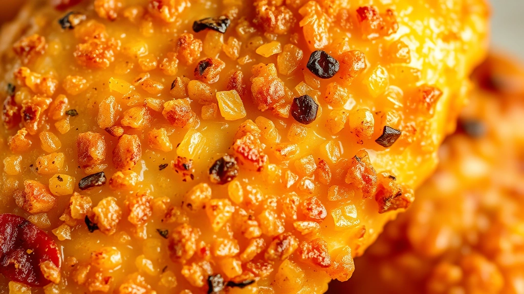 detail: close-up of crispy golden chicken coating showing texture detail with herbs visible, photorealistic, natural light, no text