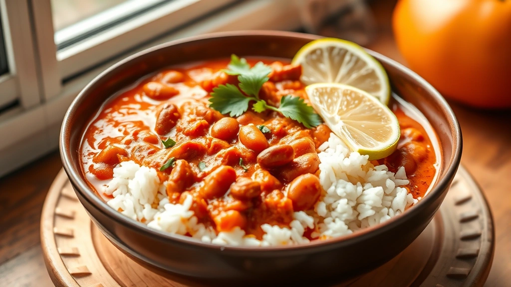 hero: steaming bowl of creamy red rajma kidney bean curry served over fluffy white basmati rice with fresh cilantro garnish and lime wedge, photorealistic, warm natural window light, no text
