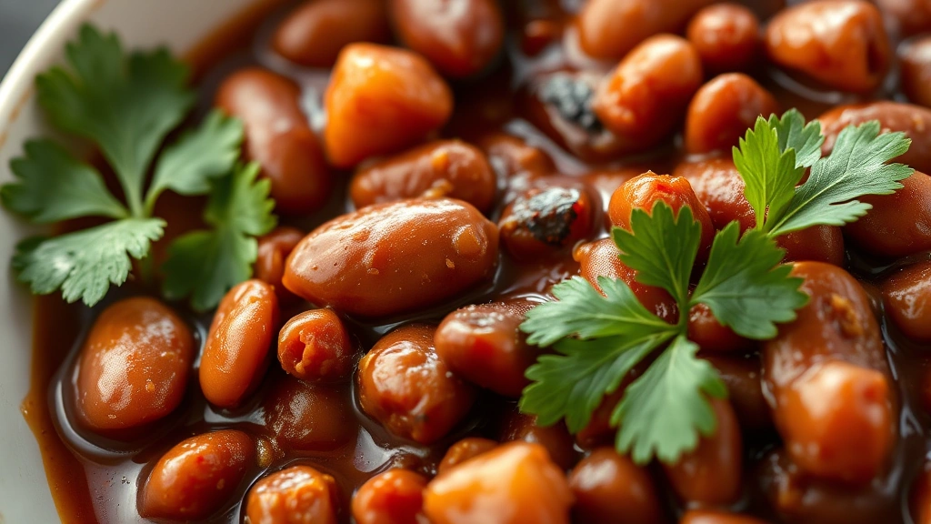 detail: close-up macro shot of perfectly cooked tender kidney beans in rich tomato sauce with visible spice texture and fresh cilantro leaves, photorealistic, natural light, no text