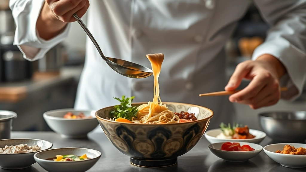 process: chef assembling ramen bowl with ladle pouring hot broth over noodles, toppings arranged nearby, photorealistic, natural kitchen light, action shot, no text