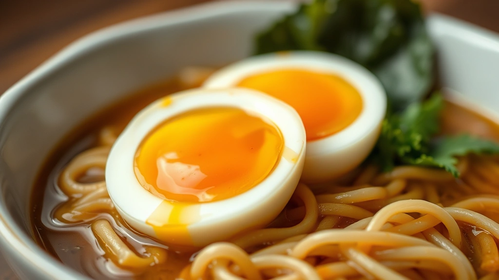 detail: close-up of perfectly halved soft-boiled egg with jammy yolk over ramen noodles in broth, photorealistic, macro photography, shallow depth of field, no text