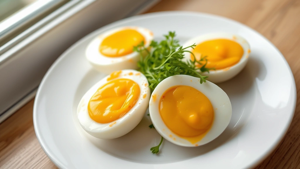 hero: sliced ramen eggs showing perfect jammy yolk, arranged on white plate with microgreens, photorealistic, natural window light, no text