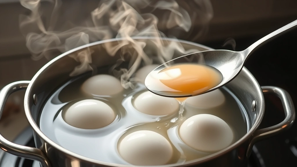 process: eggs being carefully lowered into boiling water with slotted spoon, steam rising, photorealistic, natural light, no text