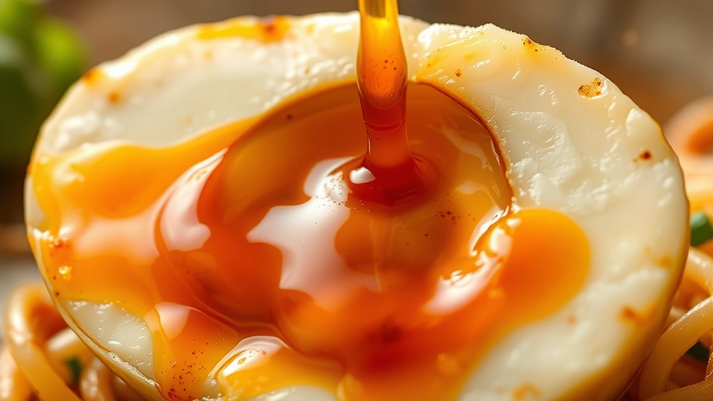 detail: close-up cross-section of ramen egg with glossy marinade dripping, golden yolk visible, photorealistic, natural light, no text
