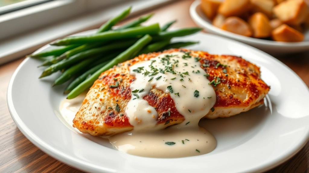 hero: Golden-brown ranch chicken breast on a white plate with creamy herb sauce, served with roasted potatoes and fresh green beans, natural window light, elegant plating, no text