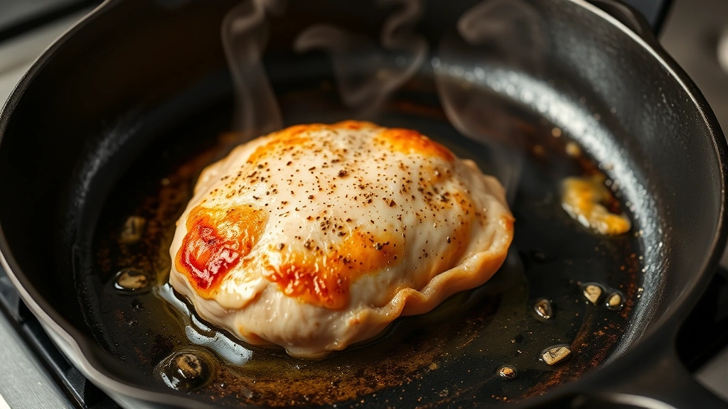 process: Chicken breast being seared in cast iron skillet with golden crust forming, steam rising, professional kitchen lighting, no text