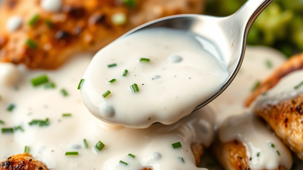 detail: Close-up macro shot of creamy ranch sauce with fresh dill and chives visible, dripping from silver spoon over tender chicken, shallow depth of field, no text