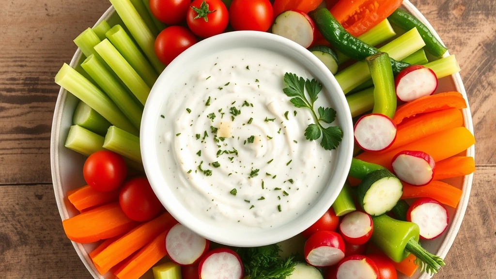 hero: creamy ranch dip in a white ceramic bowl surrounded by fresh vegetables including cherry tomatoes, celery, cucumber, bell peppers, and radishes, garnished with fresh herbs and Parmesan cheese, photographed from above with natural window light, rustic farmhouse table setting