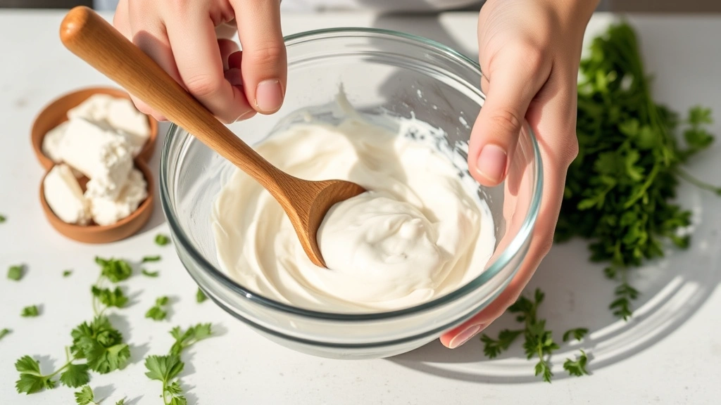 process: hands stirring cream cheese and sour cream mixture in a glass bowl with a wooden spoon, fresh herbs scattered nearby, bright natural daylight, shallow depth of field focusing on the mixing action