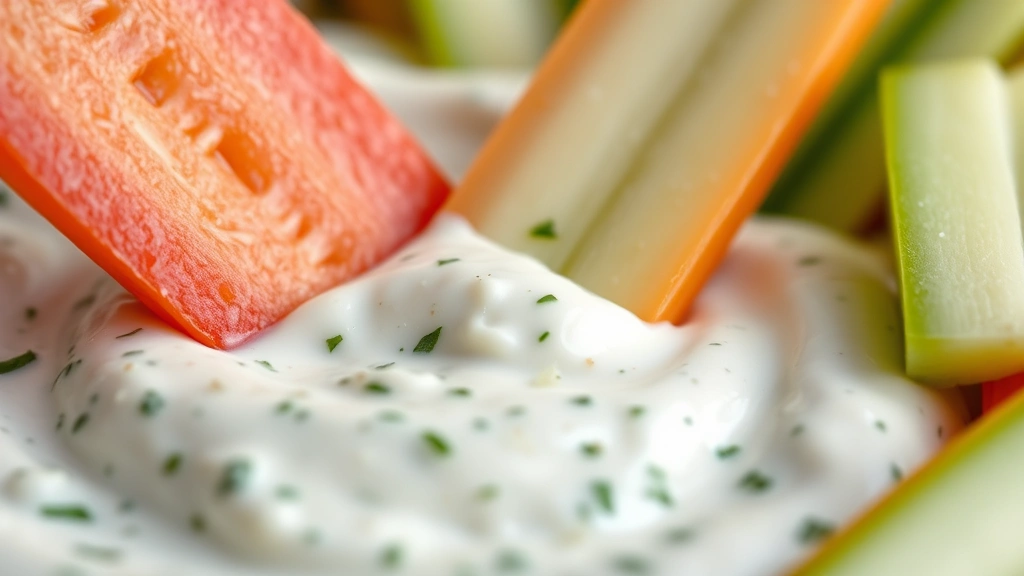 detail: close-up macro shot of the finished ranch dip showing the creamy texture with visible herb flecks and Parmesan cheese, a single vegetable slice being dipped into the dip, natural soft lighting