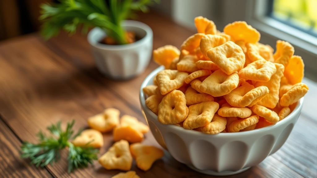hero: golden crispy ranch oyster crackers in a white ceramic bowl on a wooden table, natural window light, fresh dill garnish nearby, no text, bright and inviting