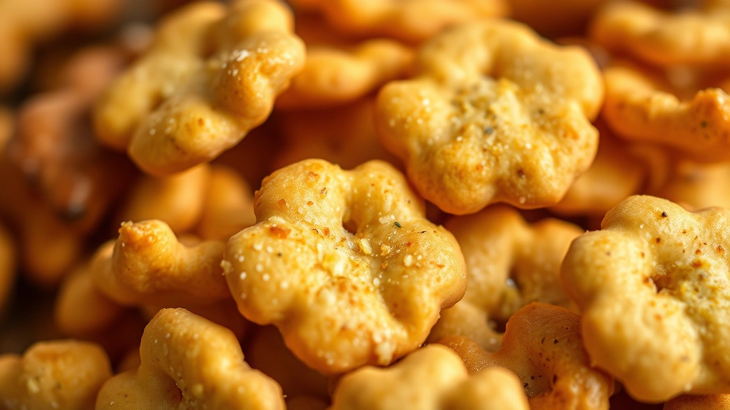 detail: close-up macro shot of individual perfectly golden ranch oyster crackers showing texture and seasoning coating, shallow depth of field, warm natural light, no text