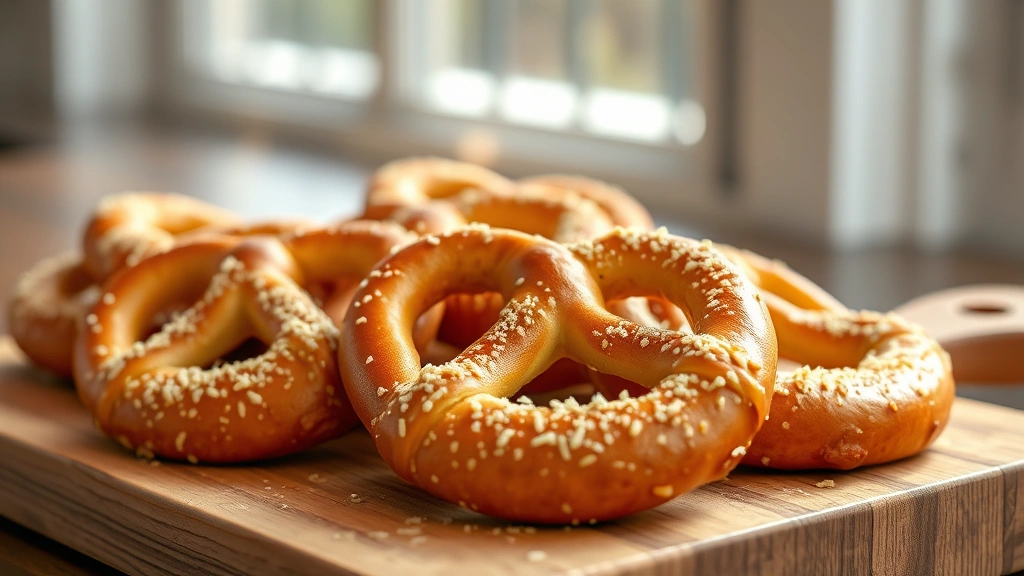 hero: golden brown homemade pretzels with ranch seasoning and parmesan cheese, arranged on a wooden board, warm steam rising, natural afternoon light from window, shallow depth of field, appetizing and professional food photography, no text or logos