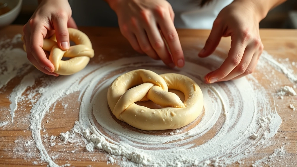 process: hands shaping pretzel dough into classic twisted shape on floured work surface, natural kitchen lighting, mid-action shot showing technique, photorealistic and instructional, no text