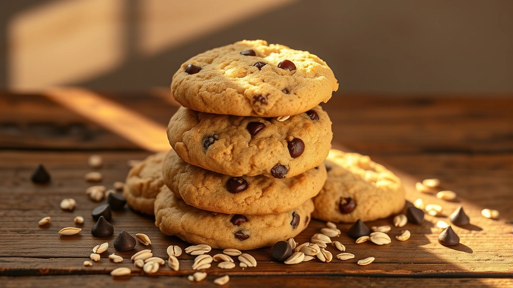 hero: golden brown ranger cookies stacked on a rustic wooden surface with oats and chocolate chips scattered around, warm natural sunlight streaming from the side, soft shadows, no text or watermarks