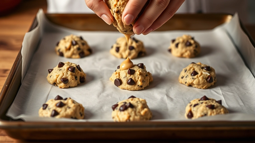 process: hands dropping cookie dough onto a parchment-lined baking sheet with chocolate chips and coconut visible in the dough, warm natural kitchen lighting, close angle showing preparation details, no text