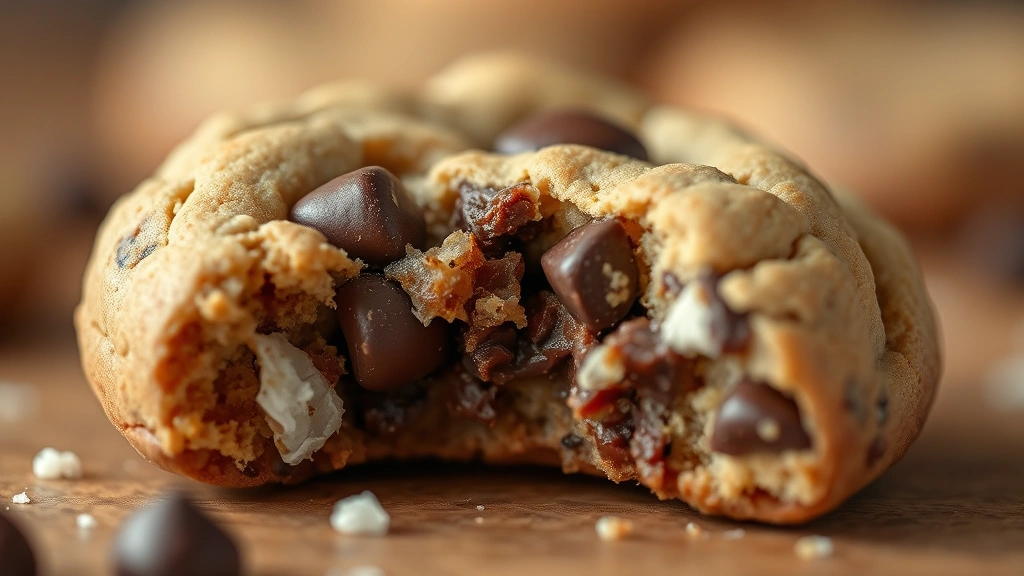 detail: close-up macro shot of a single broken ranger cookie showing the chewy interior with melted chocolate chips and coconut pieces, shallow depth of field, warm backlighting, no text