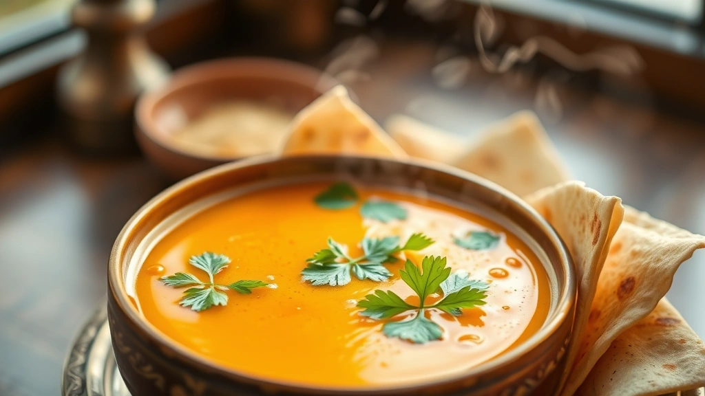hero: steaming bowl of golden-orange rasam soup garnished with fresh cilantro and curry leaves, served in a traditional South Indian bowl with papadums on the side, warm natural window light, shallow depth of field, food photography style