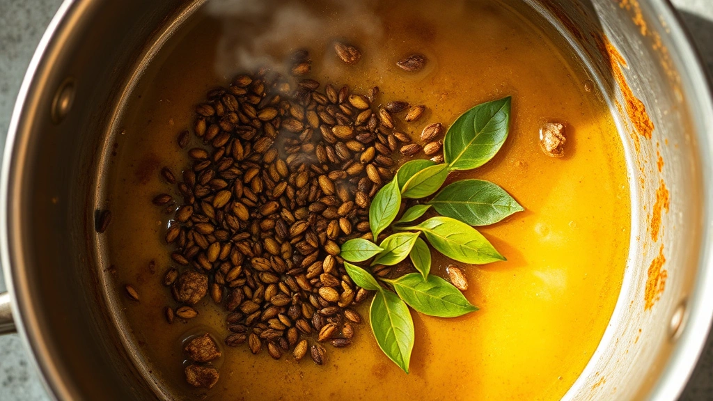 process: overhead shot of spices crackling in ghee in a large pot with mustard and cumin seeds popping, fresh curry leaves being added, aromatic steam rising, natural kitchen lighting, documentary food photography