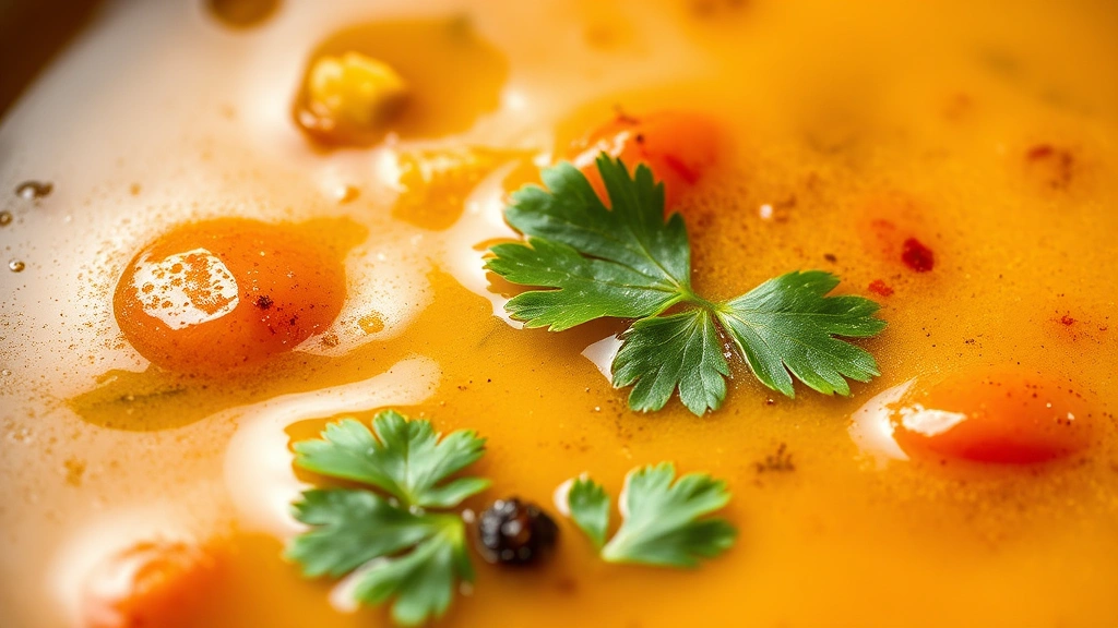 detail: close-up macro shot of golden rasam soup showing texture of tomatoes and spices suspended in broth, cilantro garnish, steam wisps, shallow focus, warm natural light, food styling