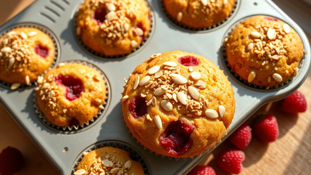 hero: golden-brown raspberry muffins with almond streusel topping in muffin tin, fresh raspberries scattered nearby, warm natural morning light streaming across, close-up overhead shot, no text or watermarks, bakery style presentation
