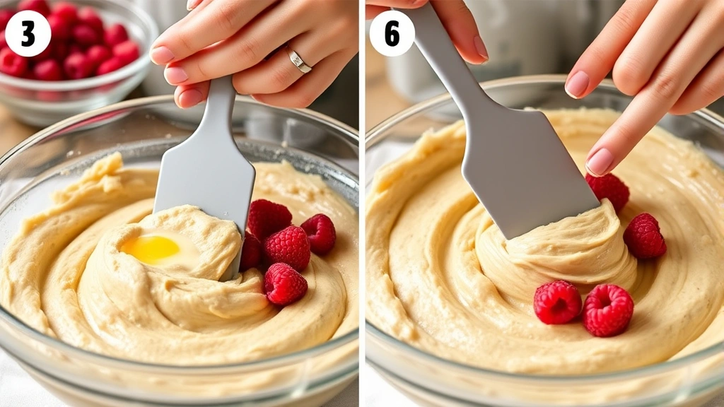 process: hands folding fresh raspberries into muffin batter with spatula, close-up action shot, bright natural kitchen light, golden butter visible, no text, showing technique and texture