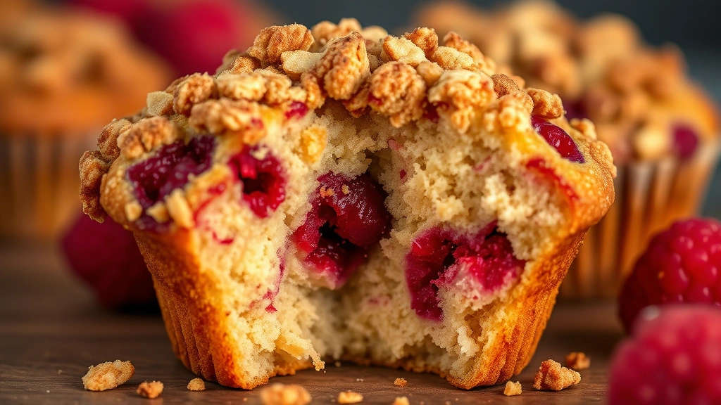 detail: single warm raspberry muffin with streusel topping breaking apart showing moist tender crumb with visible berries, shallow depth of field, golden hour lighting, no text, appetizing food photography