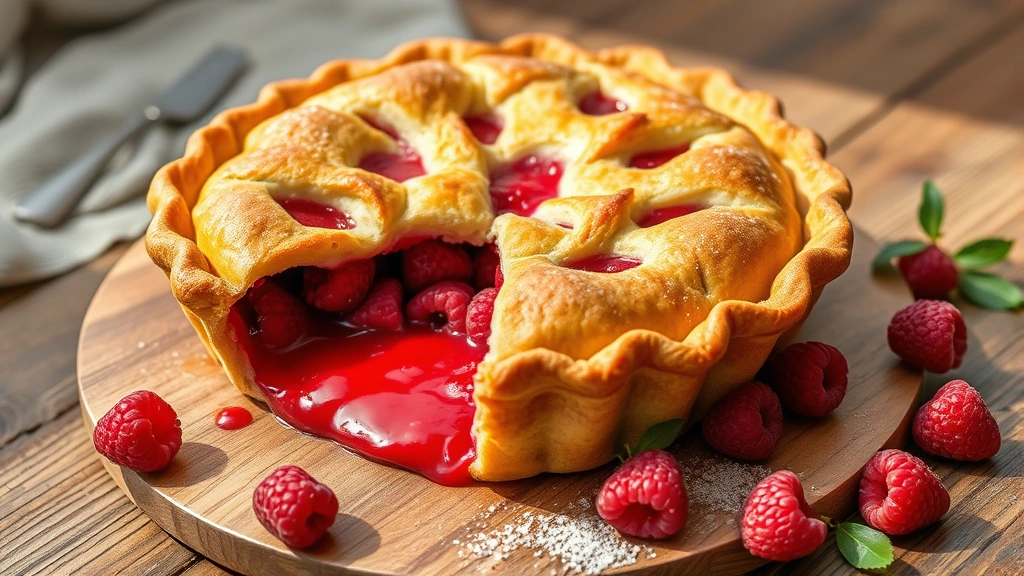 hero: A beautiful homemade raspberry pie with golden-brown crust and ruby red filling visible through decorative vents, served on a rustic wooden table with fresh raspberries scattered nearby, afternoon natural light streaming across, no text