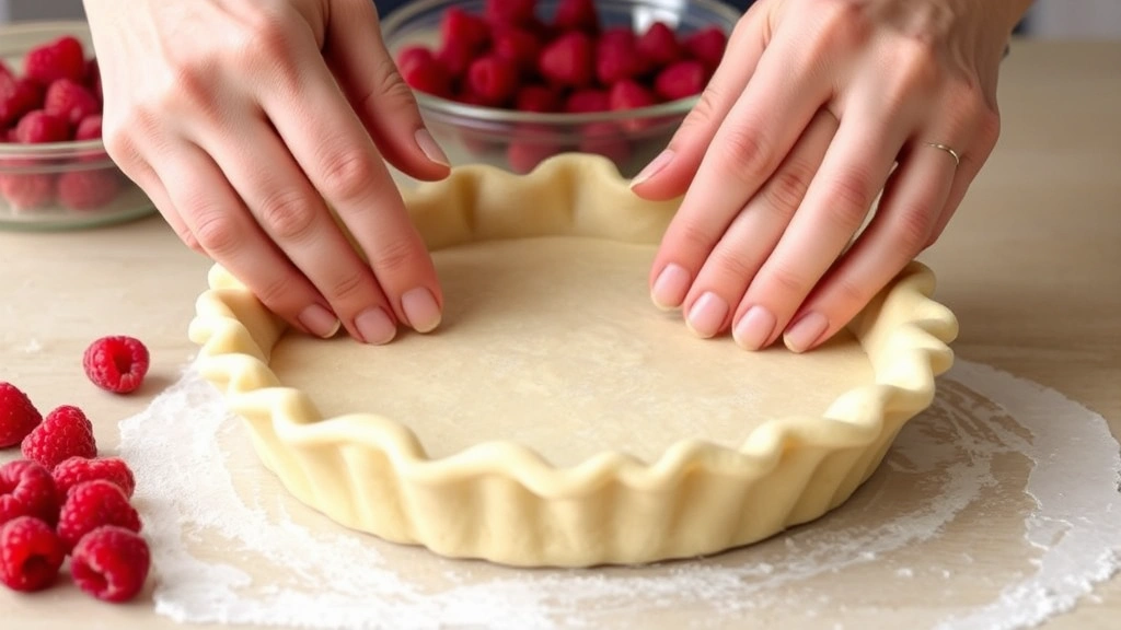 process: Hands crimping the edges of a raspberry pie crust, showing the decorative fluted pattern, with a bowl of fresh raspberries visible in the background, natural kitchen light, no text