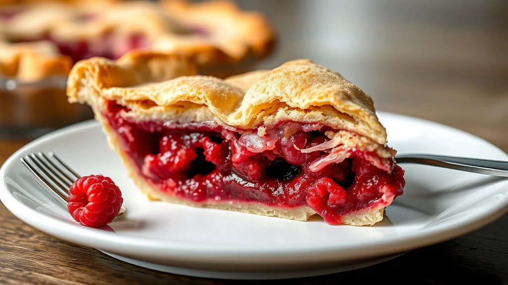 detail: A close-up cross-section of a slice of raspberry pie showing the flaky layers of crust and jewel-toned berry filling with whole raspberries visible, served on a white plate with a fork, natural light highlighting the layers, no text