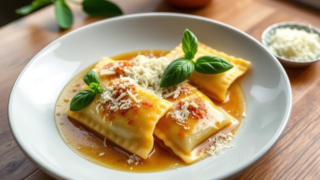 hero: plated homemade ravioli with sage brown butter sauce, fresh basil garnish, grated parmesan, wooden table, photorealistic, natural window light, no text