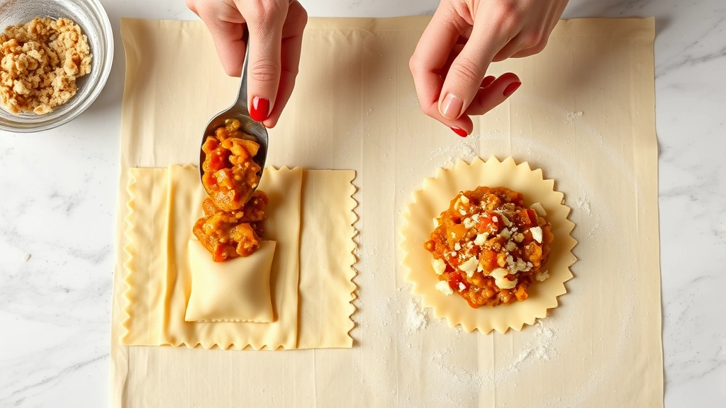 process: hands spooning ravioli filling onto fresh pasta sheet, wonton wrapper with filling, overhead view, photorealistic, bright kitchen light, no text