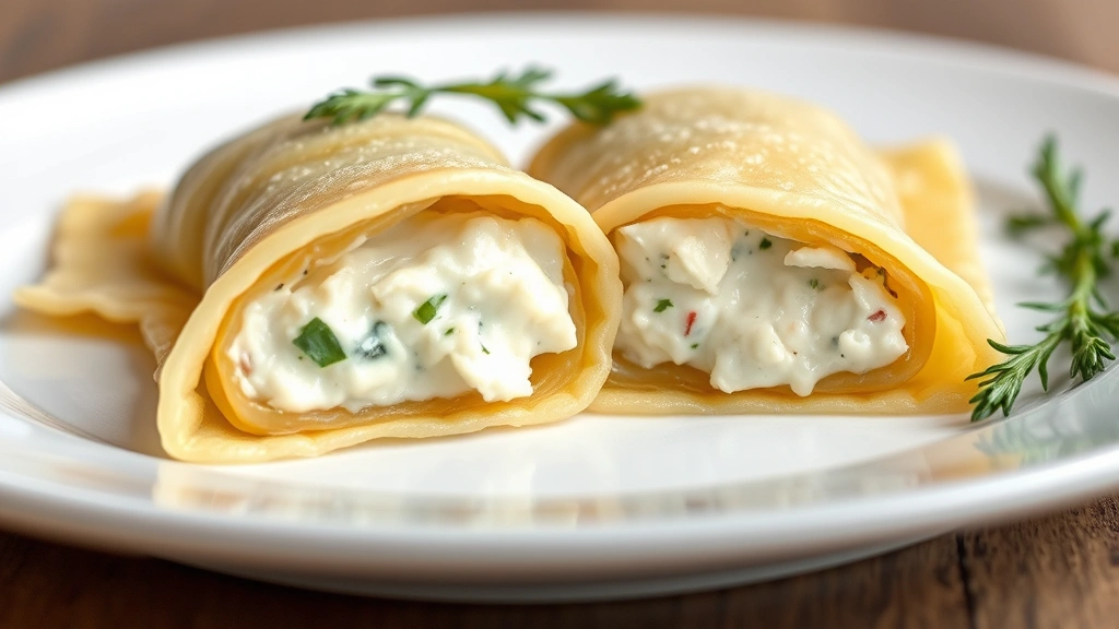 detail: close-up cross-section of cooked ravioli showing creamy ricotta filling, fresh herbs visible, on white plate, photorealistic, soft natural light, no text