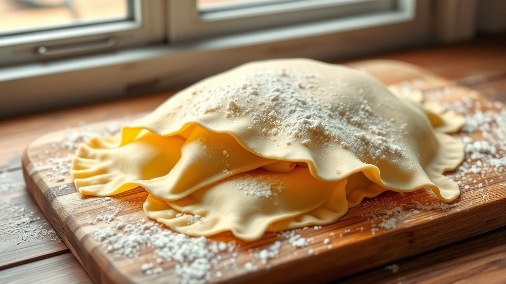hero: fresh homemade ravioli pasta dough sheet draped over wooden pasta board with flour dusting, golden egg-enriched color, soft natural window light, rustic wooden table background, no text