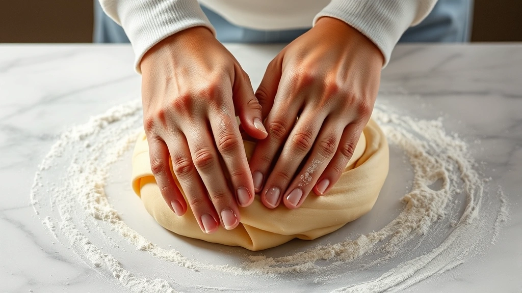 process: hands kneading smooth pasta dough on white marble surface, flour dust in air, fingers pushing dough with heel of hand, warm natural lighting, close focus on hands and dough texture, no text