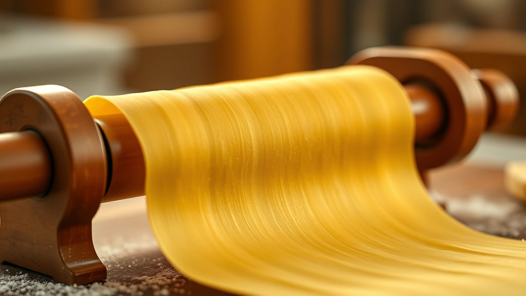 detail: close-up of silky rolled pasta sheet showing translucent quality and smooth texture, wooden pasta machine roller in soft focus background, warm golden hour lighting, shallow depth of field, no text