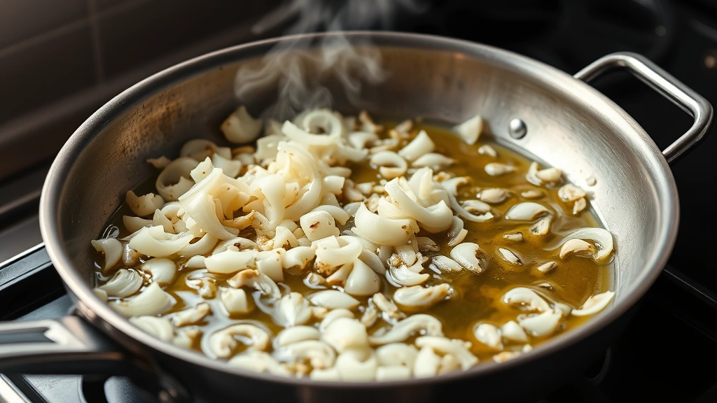 process: garlic and onions sautéing in olive oil in stainless steel pan, photorealistic, natural kitchen light, no text, steam rising