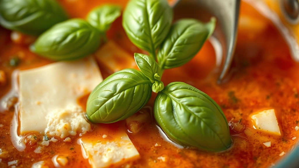 detail: close-up of fresh basil leaves being stirred into warm sauce with visible Parmesan cheese, photorealistic, natural light, no text, shallow depth of field